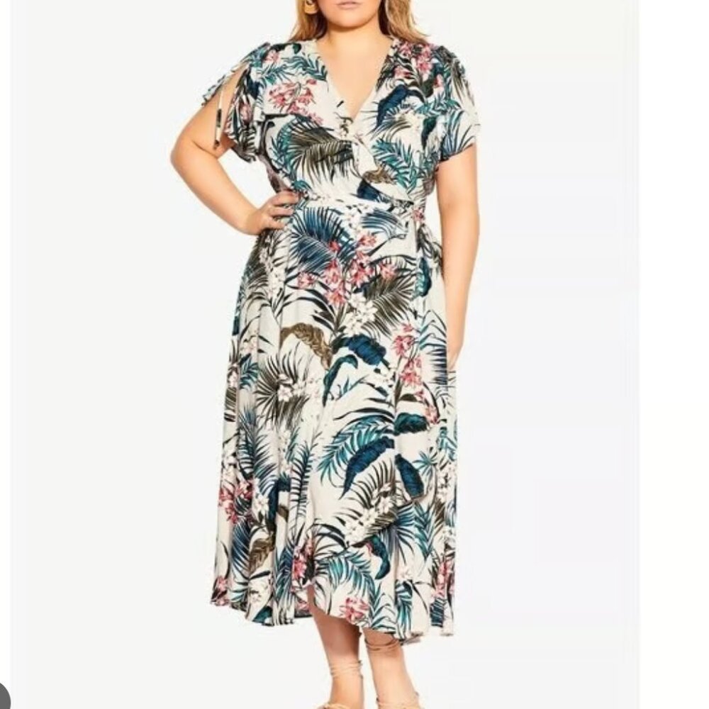 City Chic Tropical Boho Ruffle Wrap Dress Size 14 NEW Beach Hawaiian Party B42